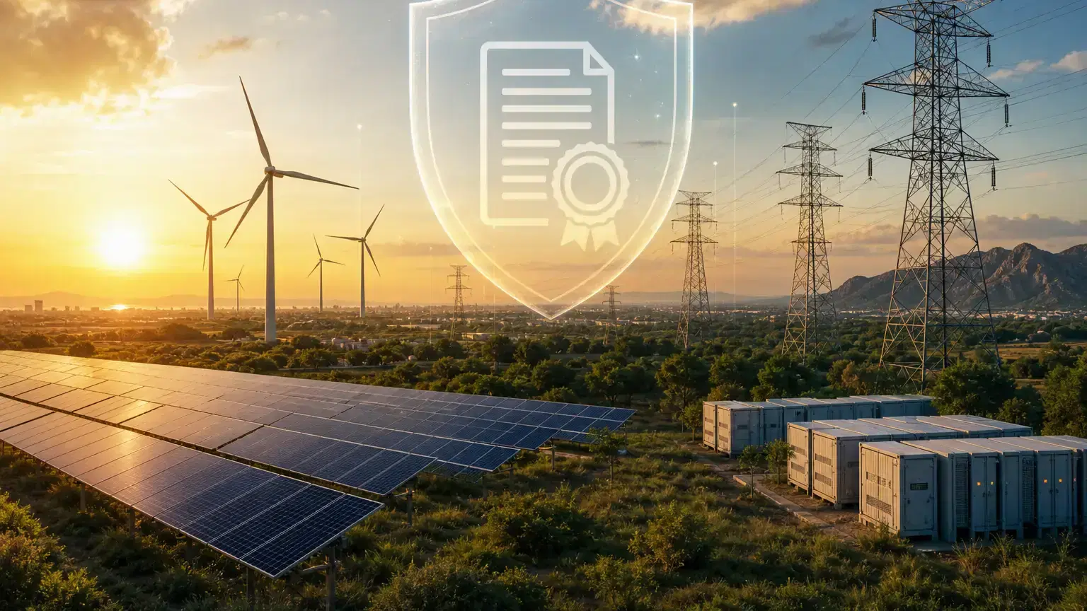 Solar panels, wind turbines and high-voltage transmission towers at sunset, with a translucent shield icon representing a surety bond