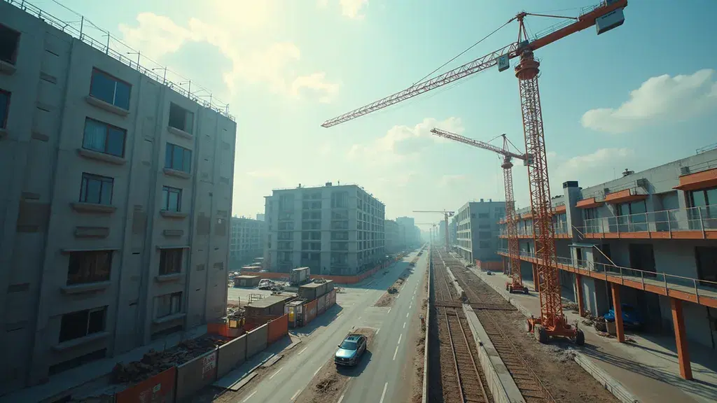 Eye-level view of a construction site with cranes and buildings