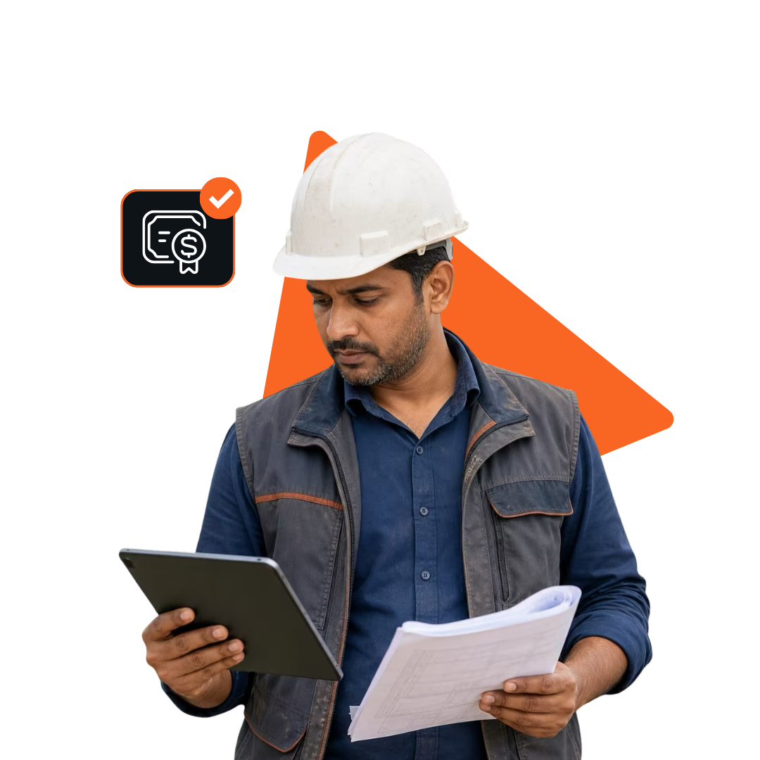 Indian site contractor reviewing project plans and a tablet